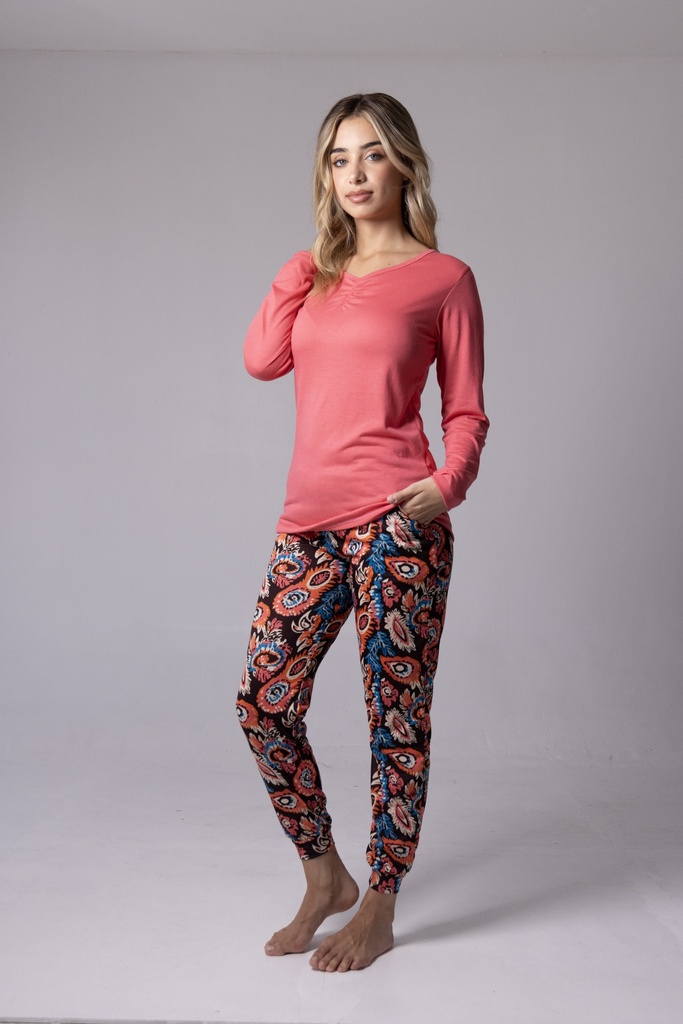 INV. PIJAMA DAMA BABUCHA ESTAMPADA Y REMERA CON FRUNCE