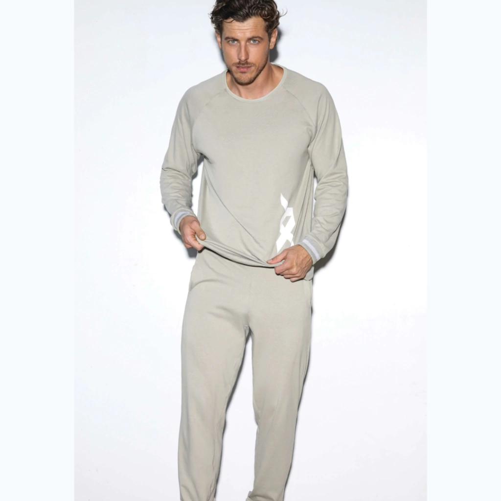 INV. PIJAMA DE HOMBRE MANGAS LARGAS DE ALGODÓN LISO CON TIRAS TEJIDAS
