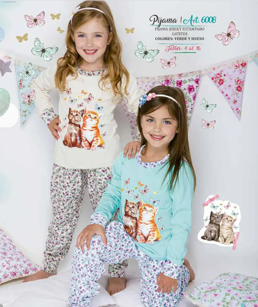 [MAR6008] DESCUENTO 15% LIQUIDACION DE TEMPORADA! I INV. PIJAMA INVIERNO NENA GATITOS ESTAMPADO (4, VERDE)