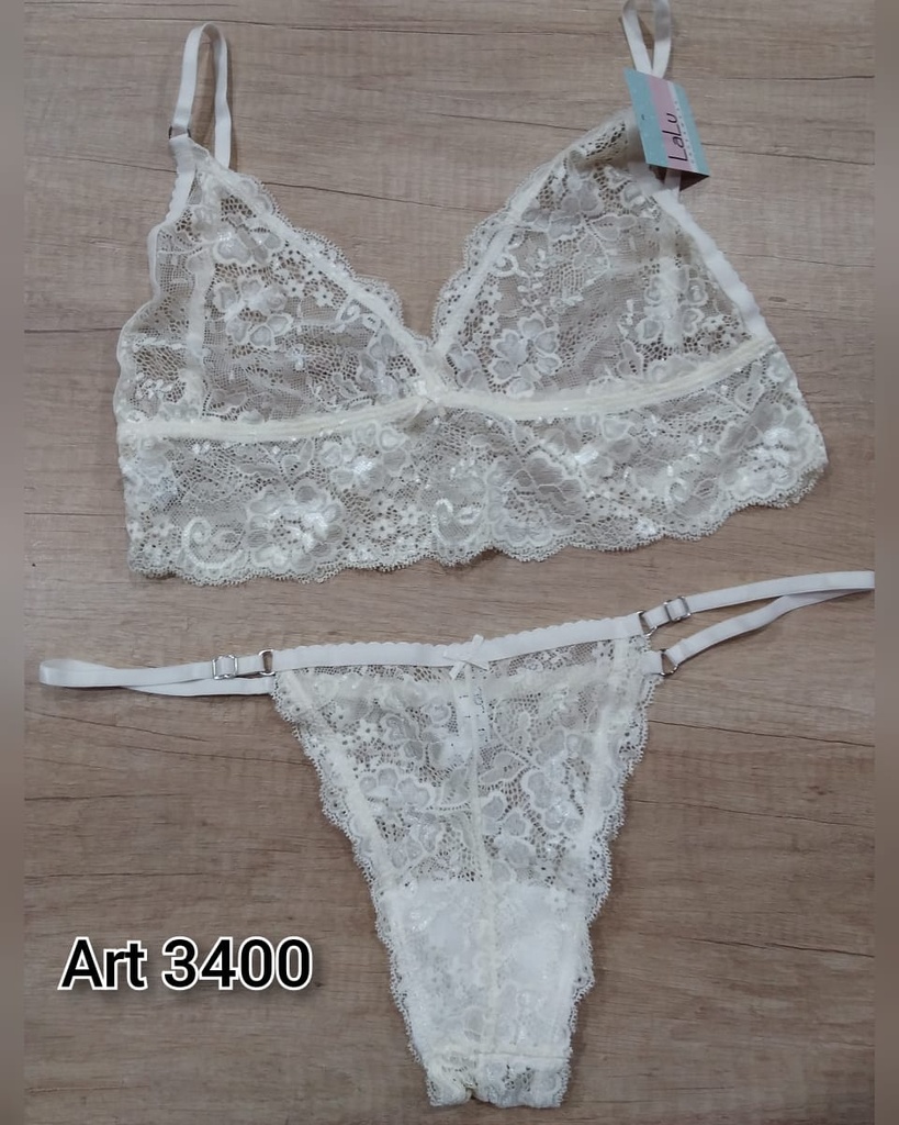 [LALU3400] CONJUNTO BRALETTE TOP ENCAJE C/LESS REGULABLE (85, BLANCO)