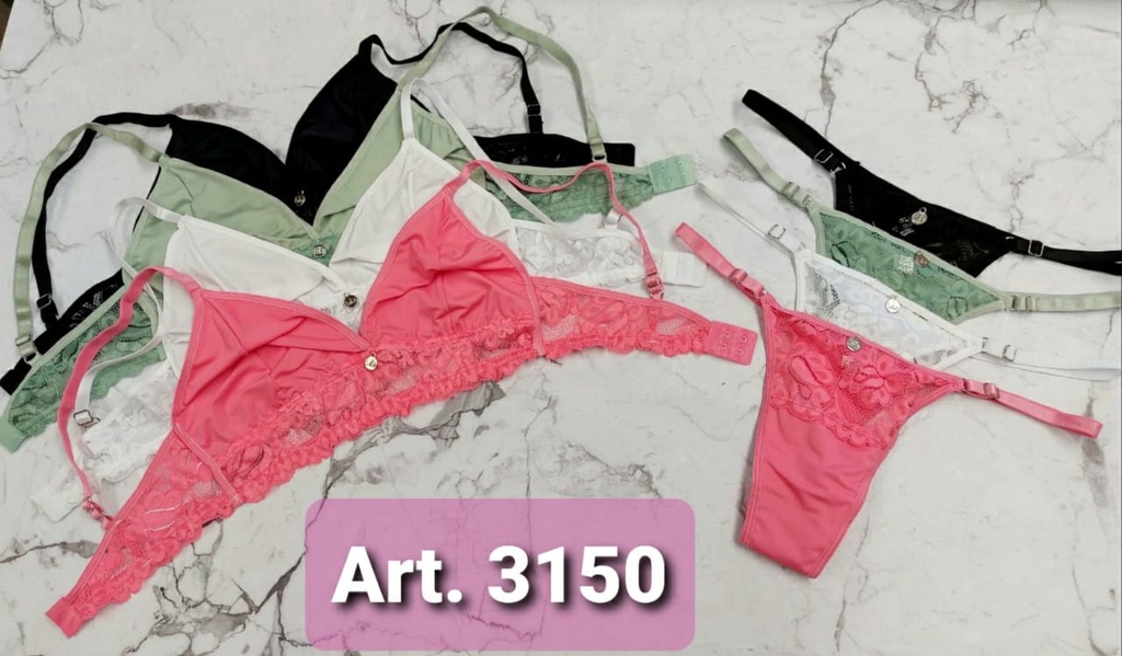 [LALU3150] CONJUNTO BRALETTE MICROFIBRA CON ENCAJE Y COLALES REGULABLE LISO (85, BLANCO)