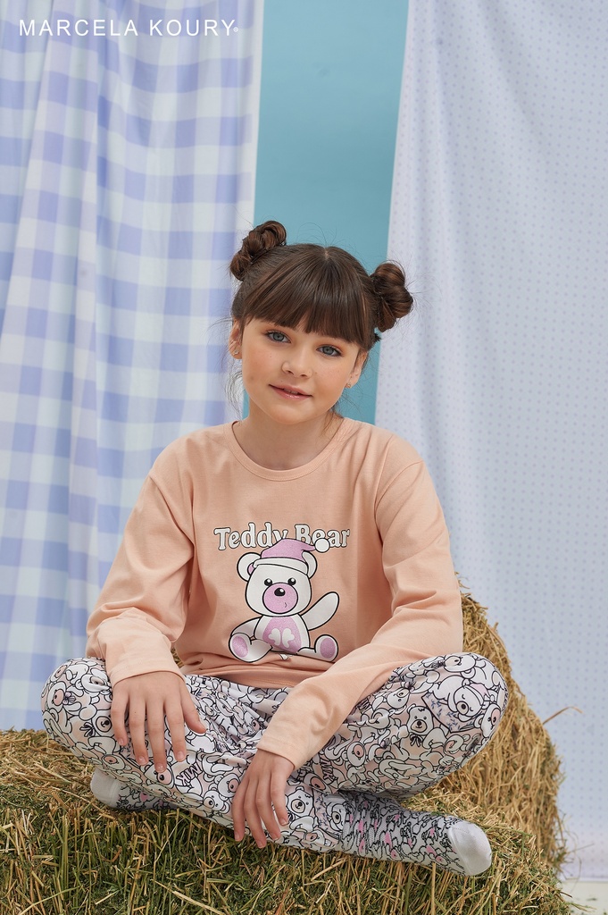 [MKP4206] DESCUENTO 10% LIQUIDACION DE TEMPORADA!  INV. PIJAMA CONJUNTO MANGA LARGA DE ALGODON ESTAMPADO "TEDDY" (6, ALMENDRA)