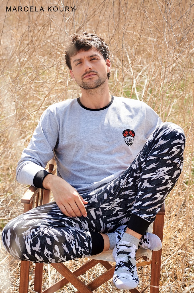 [MKP4207] DESCUENTO 10% LIQUIDACION DE TEMPORADA!  INV. PIJAMA CONJUNTO MANGA LARGA DE ALGODON COMBINADO CON PANTALON ESTAMPADO "RIDER" (52, GRIS MELANGE)