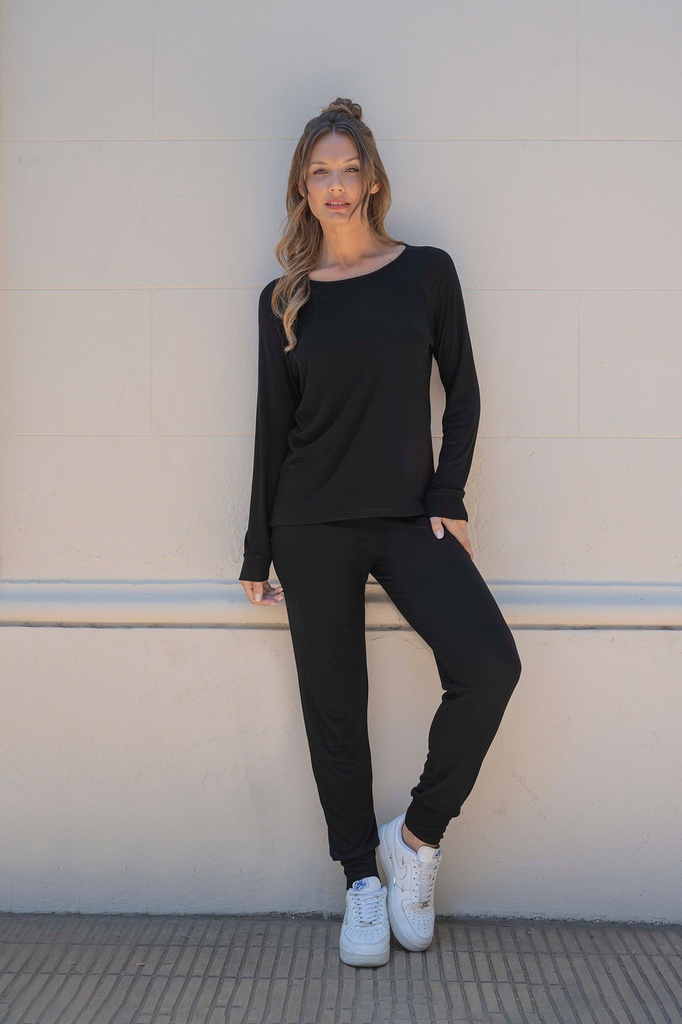 [LEN24329] DESCUENTO 10% LIQUIDACION DE TEMPORADA!  INV. PIJAMA CONJUNTO DE RIBB DE VISCOSA (M, NEGRO)