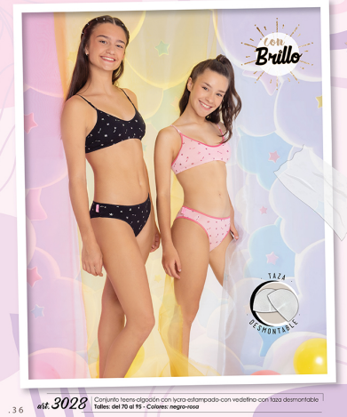 [MAR3028] CONJUNTO TEENS DE ALGODON Y LYCRA ESTAMPADO CON VEDETINA Y TAZA DESMONTABLE (70, NEGRO)