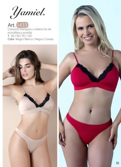 [YAM1433] Conjunto triangulo y colaless liso de microfibra y puntilla (85, BEIGE)