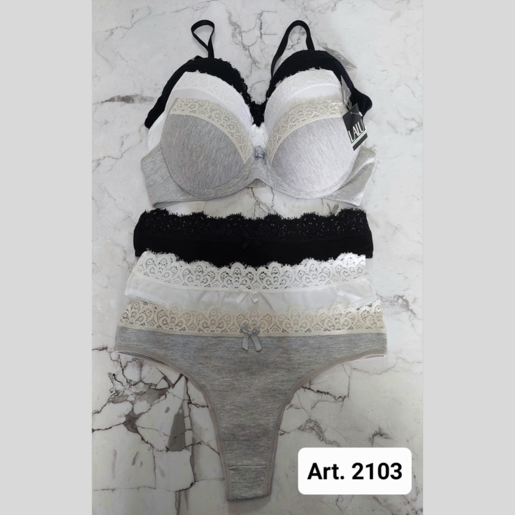 [LALU2103] CONJUNTO TAZA SOFT DE ALGODON Y LYCRA CON PUNTILLA Y COLALES (85, BLANCO)