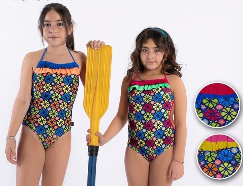 [VYO2106] MALLA NENA ENTERA ESTAMPADO FLORES. VOLADITOS PEQUEÑOS Y ESPALDA ABIERTA. (6)