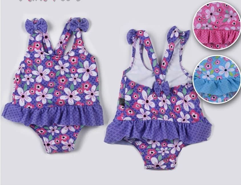 [VYO2204] MALLA ENTERA BEBÉ ESTAMPADO FLORES. VOLADITO EN CINTURA Y MOÑOS.
 (1)