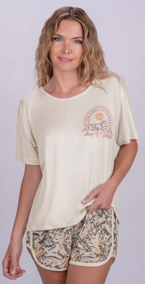 [SP11769] VER. PIJAMA REMERA Y SHORT  ESTAMPADO "TIGRE" (S, BEIGE)
