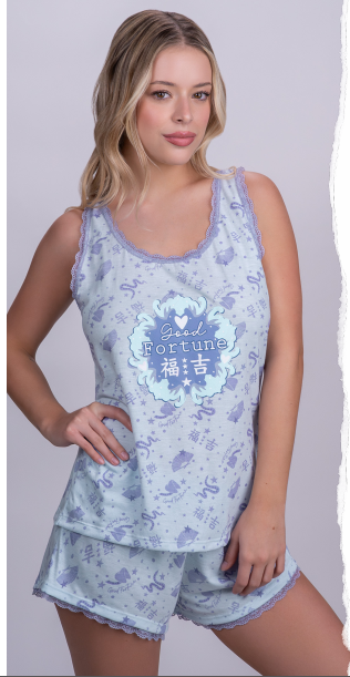 [SP11772] VER. PIJAMA MUSCULOSA Y SHORT ESTAMPADO CON PUNTILLA "FORTUNE" (M, AQUA)