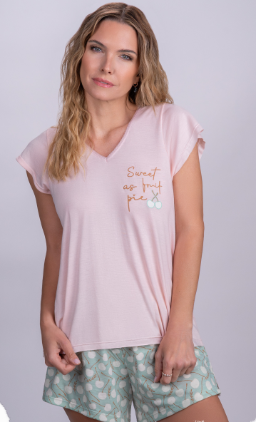 [SP11773] VER. PIJAMA REMERA Y SHORT ESTAMPADO "CEREZAS" (L, ROSA)