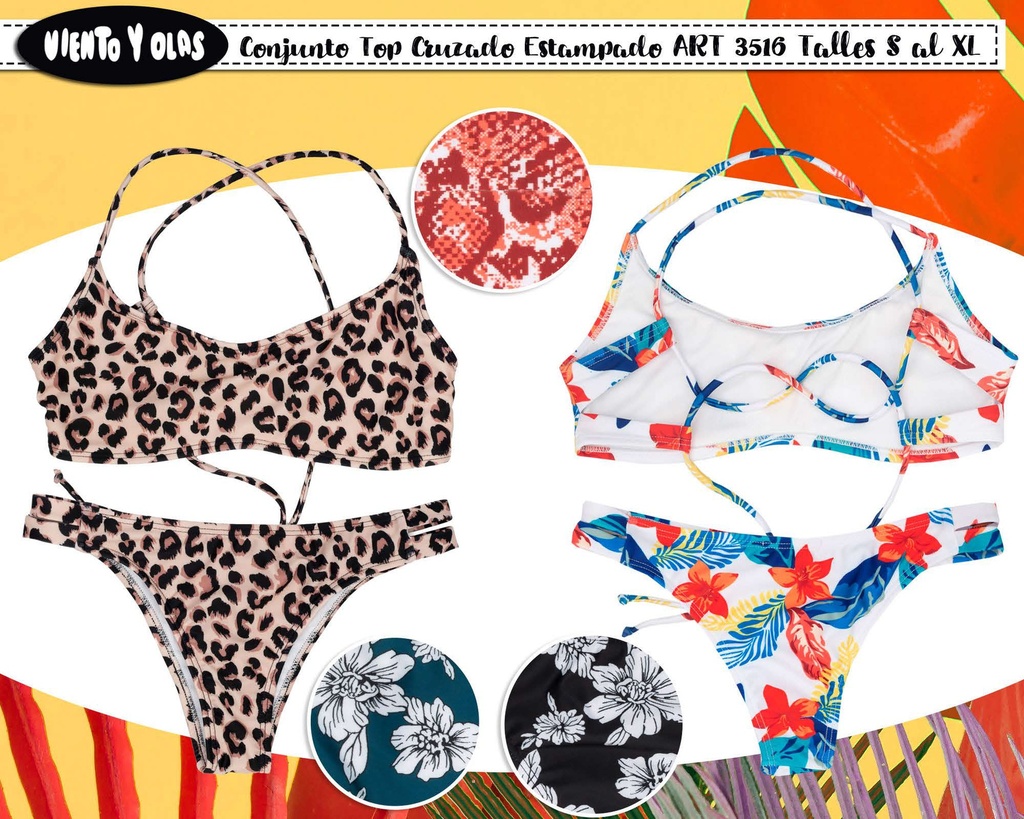 [VYO3516] MALLA DAMA CONJUNTO TOP CRUZADO ESTAMPADO. (S)