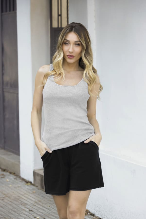 [LEN26735] VER. CONJUNTO CON CAMISETA DE RIBB Y SHORT RUSTICO (L, GRIS)