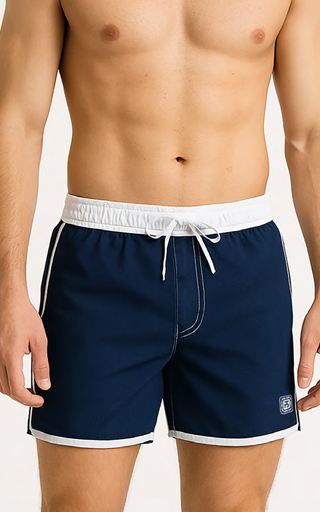 VER. SHORT DE BAÑO LISO BORDES EN CONTRATONO CON CINTURA AJUSTABLE PREMIUM (S, MARINO)