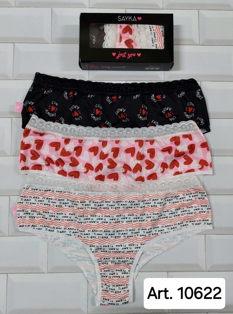 [SAY10622] PACK X3 CULOTTE CLASICO MICROFIBRA ESTAMPADA CON PUNTILLA