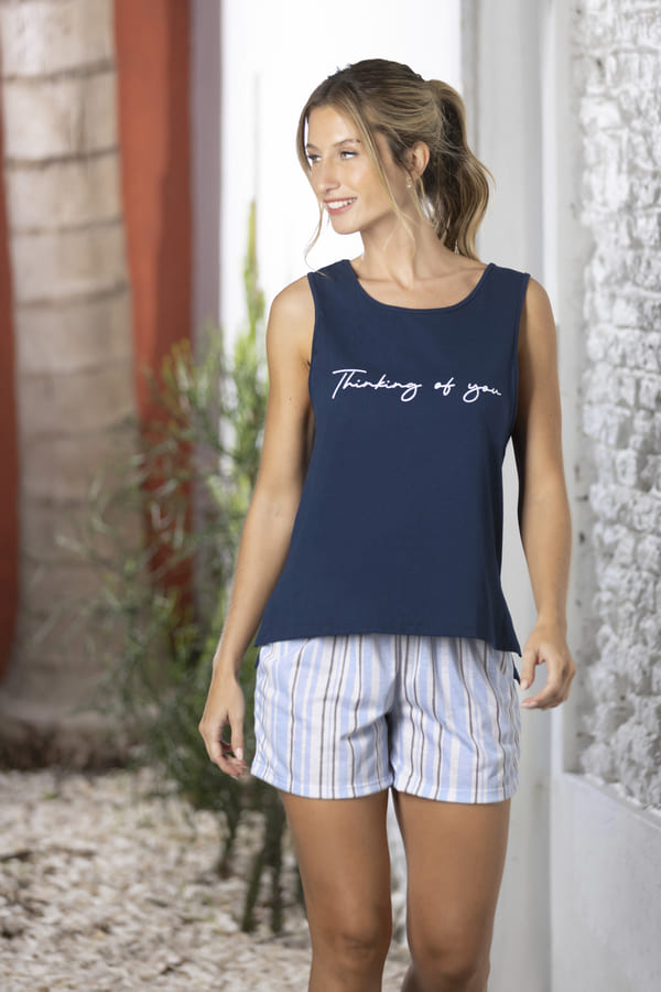 VER. PIJAMA MUSCULOSA Y SHORT RAYADO (S, GRIS)