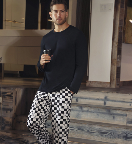 [LODP12001] DESCUENTO 10% LIQUIDACION DE TEMPORADA! INV. PIJAMA DE HOMBRE CAMISETA LISA Y PANTALON ESTAMPADO (1, NEGRO)