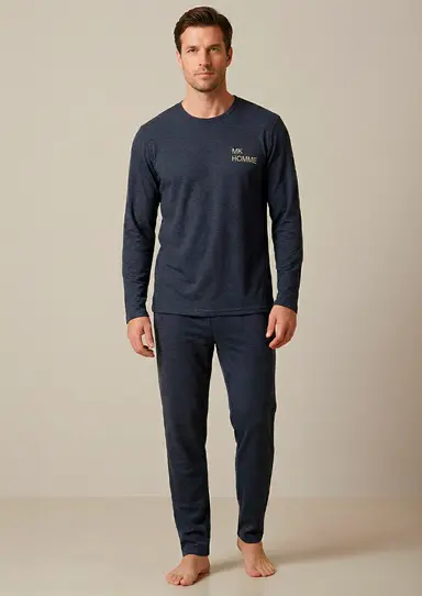 [MKP4310] DESCUENTO 10% LIQUIDACION DE TEMPORADA! INV. PIJAMA HOMBRE MANGA LARGA RAYADO CON BORDADO (48, AZUL)