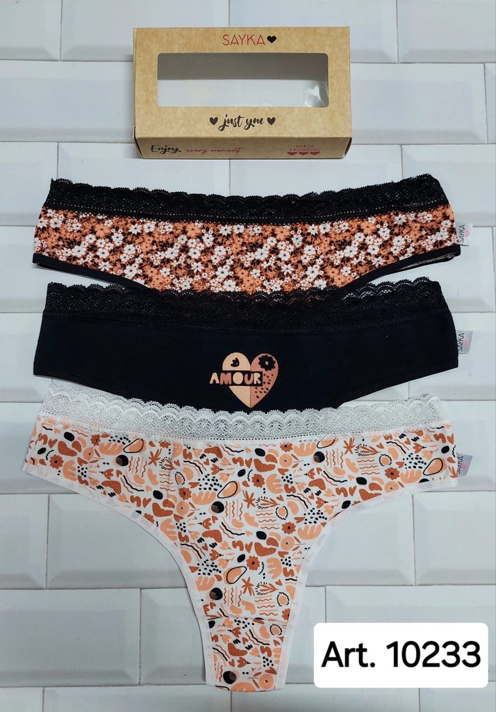 [SAY10233] PACK X3 CULOTELESS DE ALGODÓN Y LYCRA ESTAMPADA CON PUNTILLA