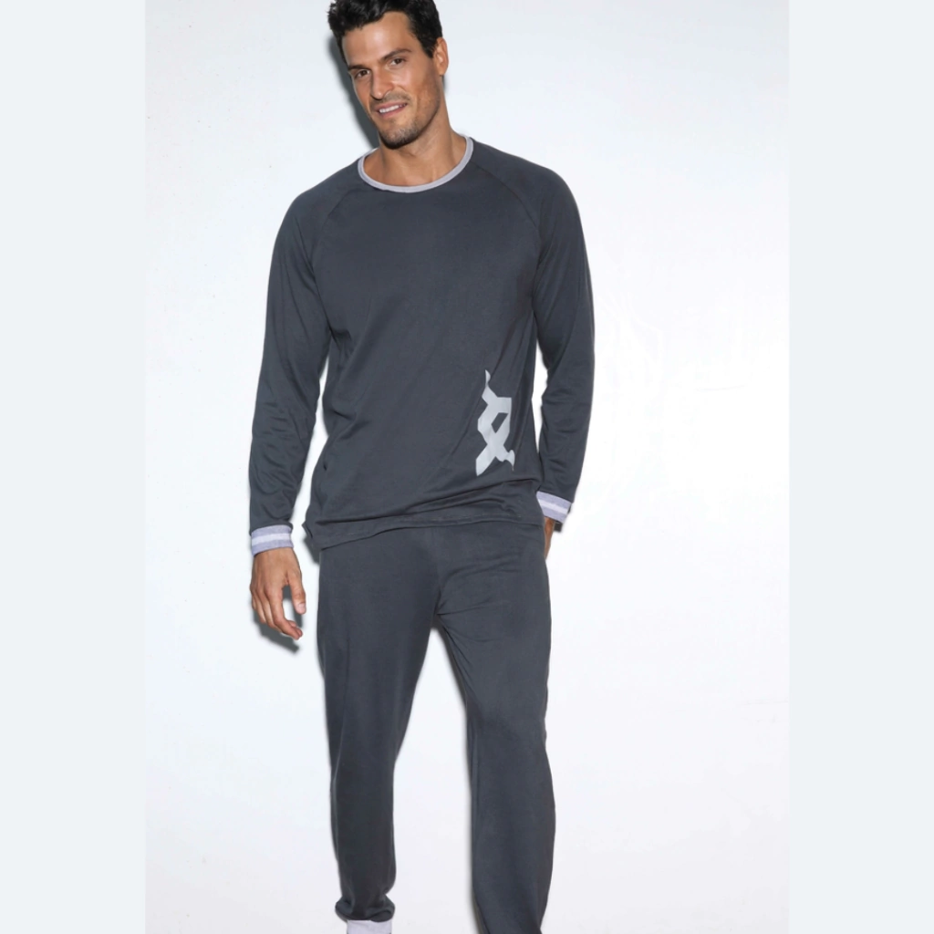 [XY8070] DESCUENTO 10% LIQUIDACION DE TEMPORADA! INV. PIJAMA DE HOMBRE MANGA LARGA DE ALGODÓN LISO CON TIRAS TEJIDAS (S, CEMENTO)