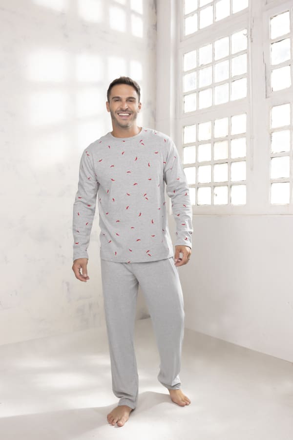 [LEN26520/E] DESCUENTO 10% LIQUIDACION DE TEMPORADA! INV. PIJAMA HOMBRE MANGA LARGA DE ALGODÓN ESTAMPADO (5, GRIS)