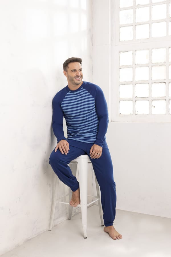 [LEN26522/E] DESCUENTO 10% LIQUIDACION DE TEMPORADA! INV. PIJAMA HOMBRE MANGA LARGA RAYADO DE ALGODÓN (5, AZUL)