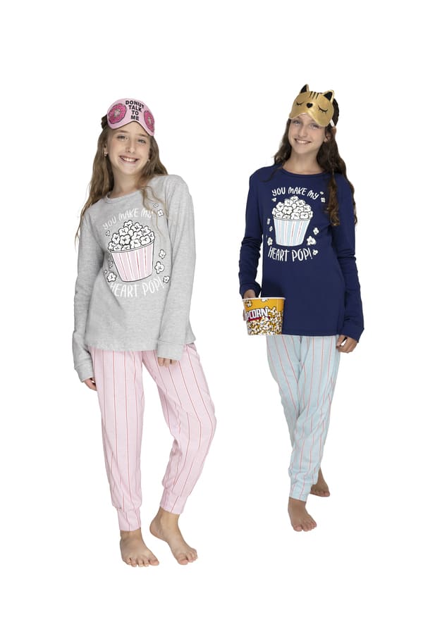 [LEN26923] DESCUENTO 10% LIQUIDACION DE TEMPORADA! INV. PIJAMA NENA MANGA LARGA DE ALGODÓN ESTAMPADO "POPCORN" (4, AZUL)