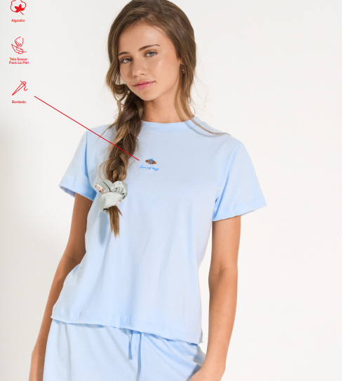 [ELE2771] VER. PIJAMA TEENS REMERA LISA CON DETALLE BORDADO Y SHORT (16, CELESTE)