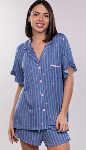 [SP11833] VER. PIJAMA ABOTONADO ESTAMPADO CON VOLADOS EN LAS MANGAS (S, AZUL)