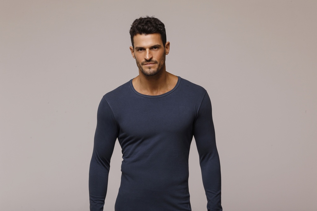 [XY4000] INV. CAMISETA MANGA LARGA CON CUELLO REDONDO DE ALGODON Y LYCRA LISO (S, AZUL)