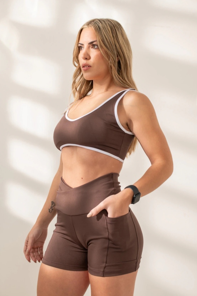 [SHE6529] VER. CALZA CORTA CINTURA CRUZADA CON BOLSILLOS DE POLISAP (1, CHOCOLATE)