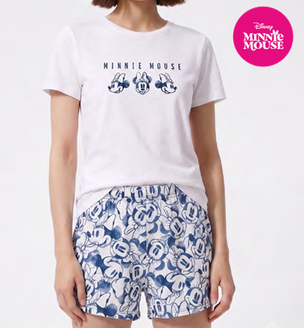 [DIS75012] VER. PIJAMA MUJER REMERA DE ALGODÓN Y SHORT DE JERSEY ESTAMPADO "MINNIE" (XS, BLANCO)